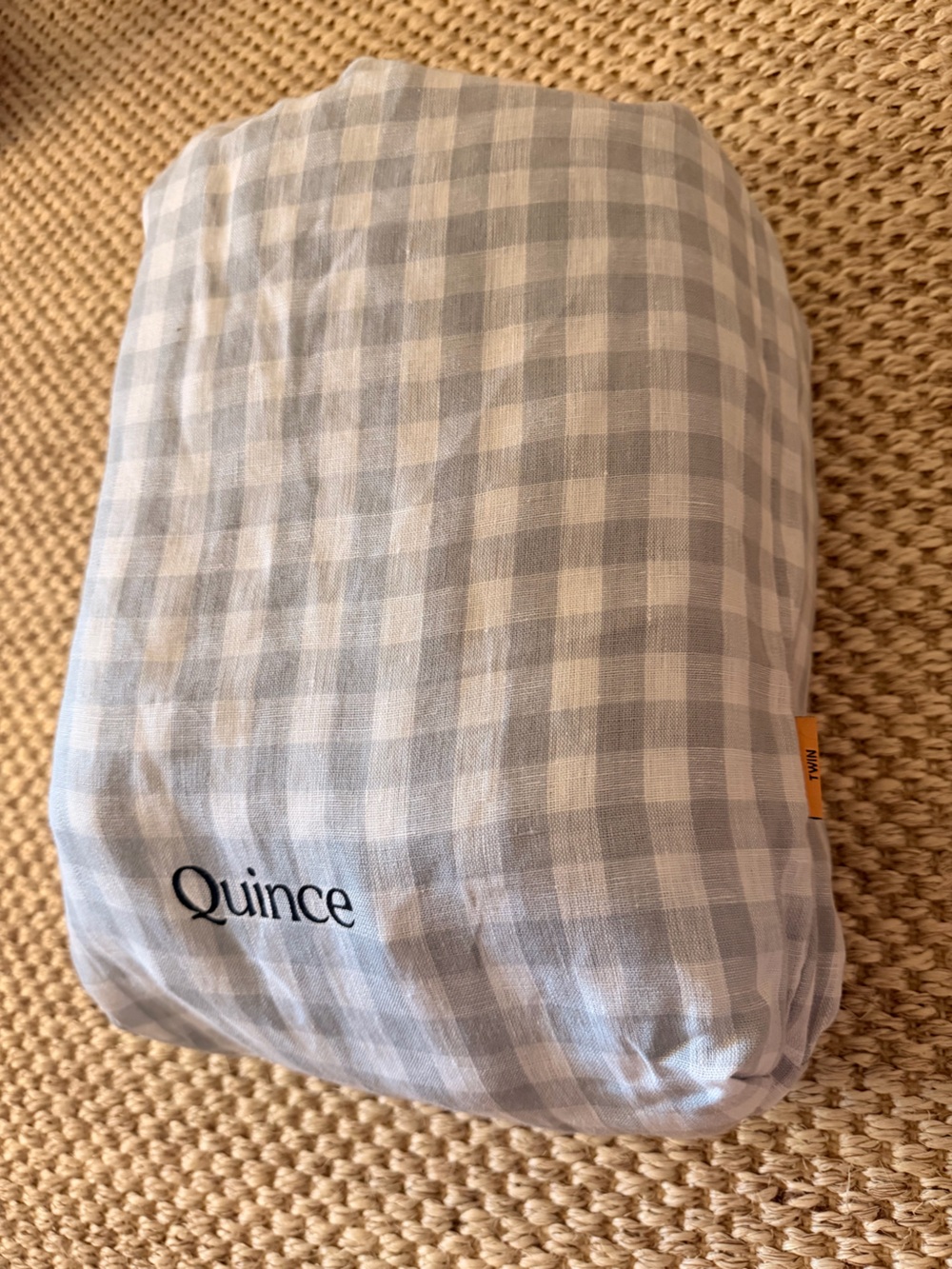 Quince European Linen Gingham Twin Sheet Set Blue Fog